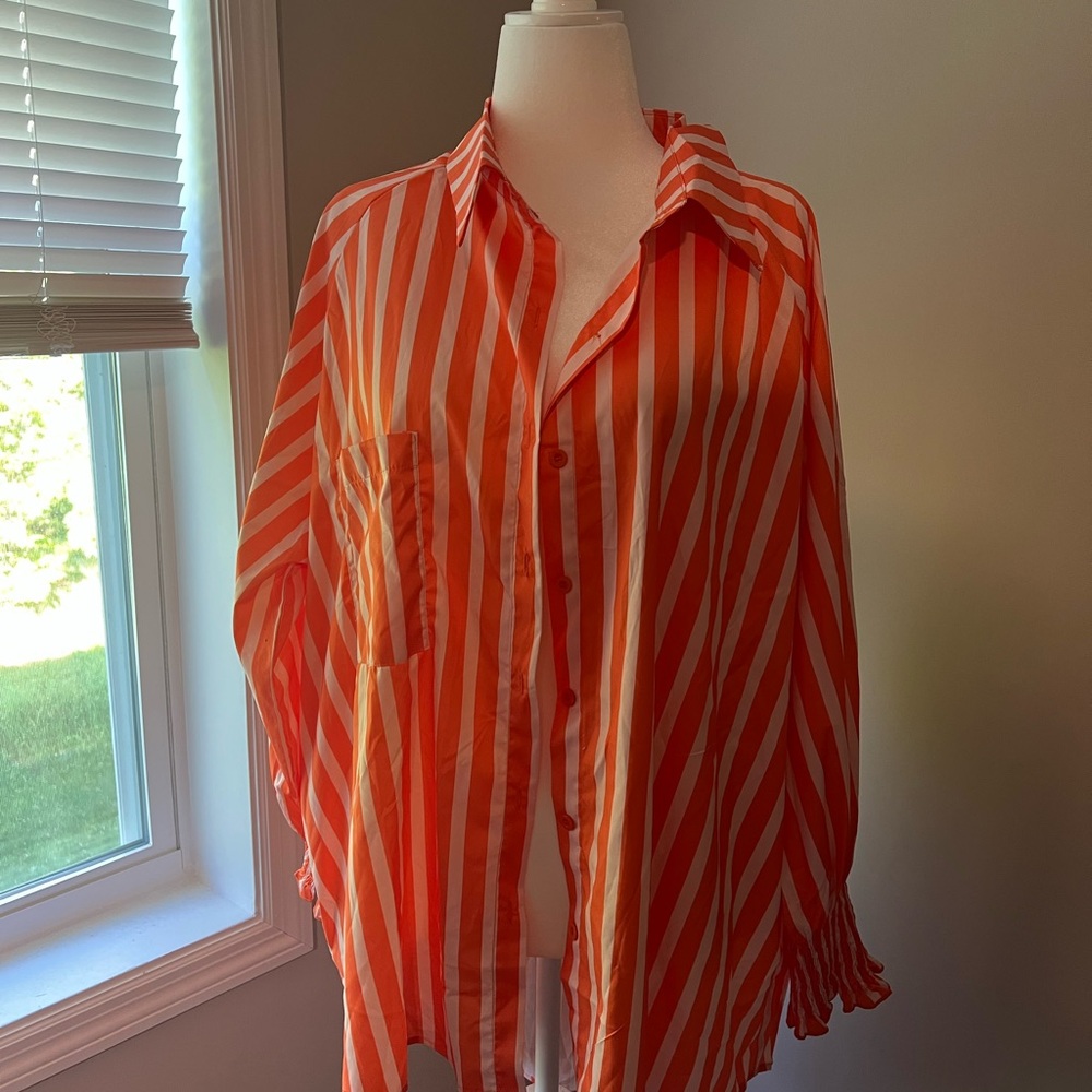 Orange and White Striped Button-Up Shirt